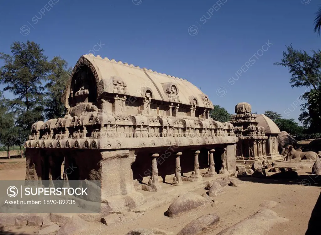 Five Rathas, monolithic rock cut architecture dating from the late 7th century, Mahabalipuram, UNESCO World Heritage Site, Kancheepuram district, Tami...