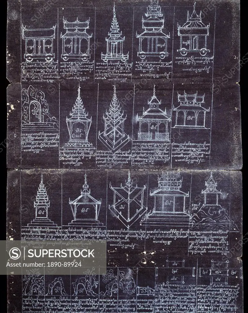 Details of buildings drawn with white Steatite Crayon on black Parabaik folding manuscript, Yangon Rangoon, Myanmar Burma, Asia