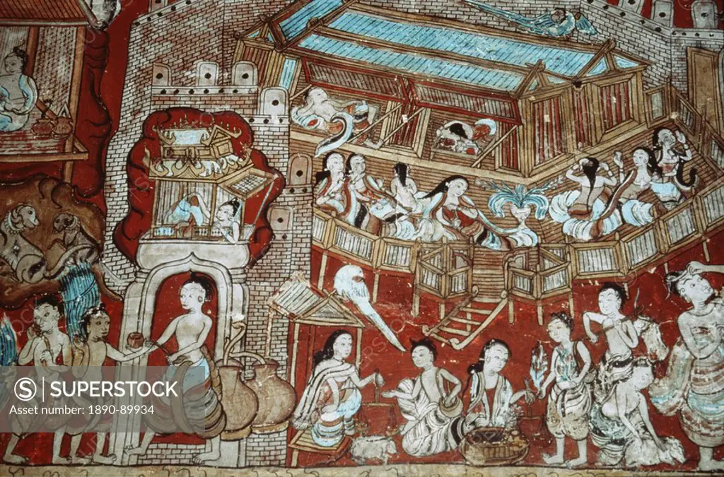 Mural showing the various business transactions of Bodhisatta, born into a treasurer´s family, Ananda Oakkyaung, Bagan Pagan, Myanmar Burma, Asia