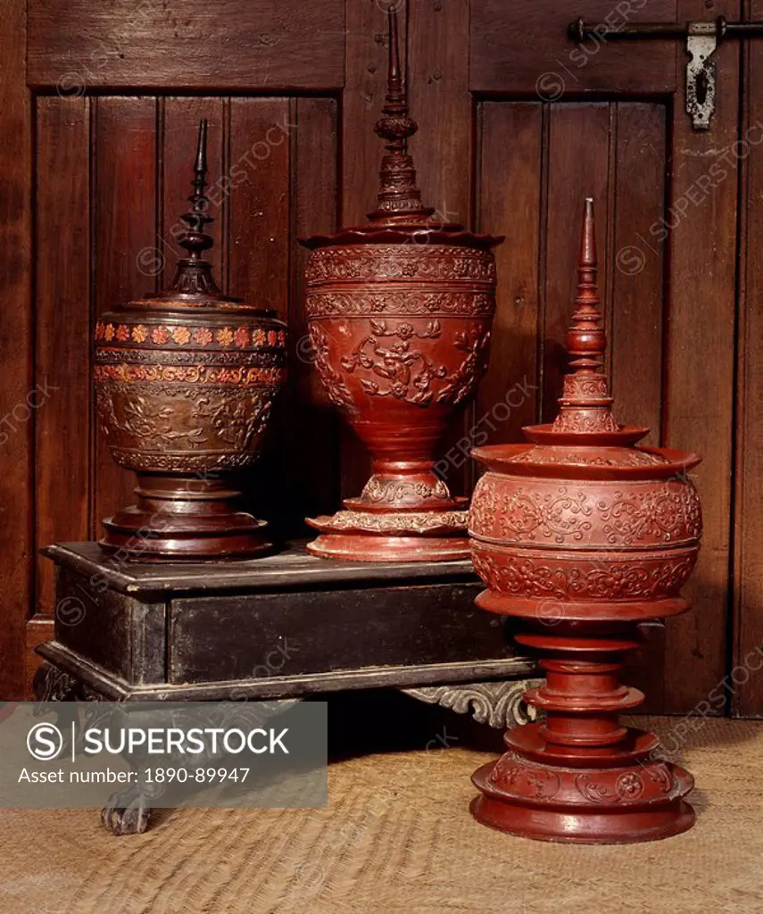 Lacquered containers from Arakan, Myanmar Burma, Asia