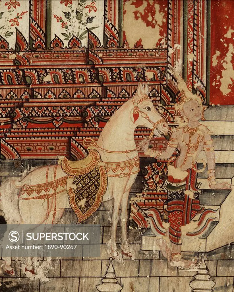 Siddharta´s horse, detail of mural of the Great Departure, at Wat Suwannaram, Thonburi, Thailand, Southeast Asia, Asia