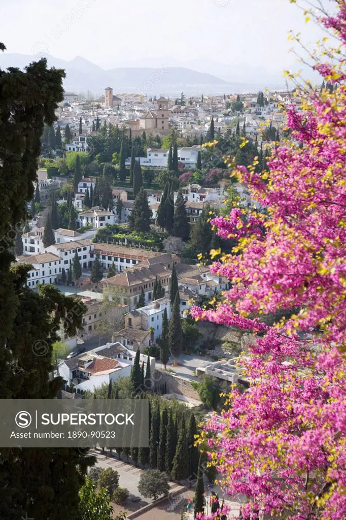View from gardens of the Generalife to the Albaicin district, Granada, Andalucia Andalusia, Spain, Europe