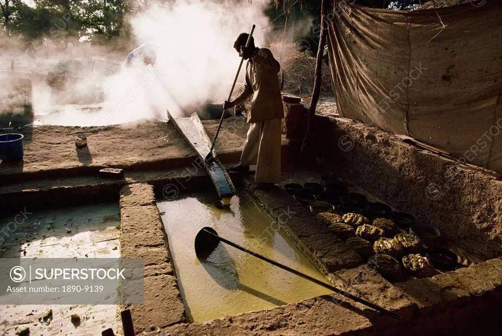 Cane juice being boiled into sugar after sugar cane harvest, Gujarat state, India, Asia