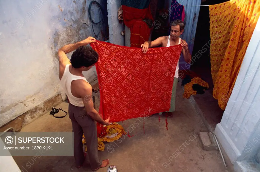 Fabrics produced by tie and dye process, Bhuj town, Kutch district, Gujarat state, India, Asia