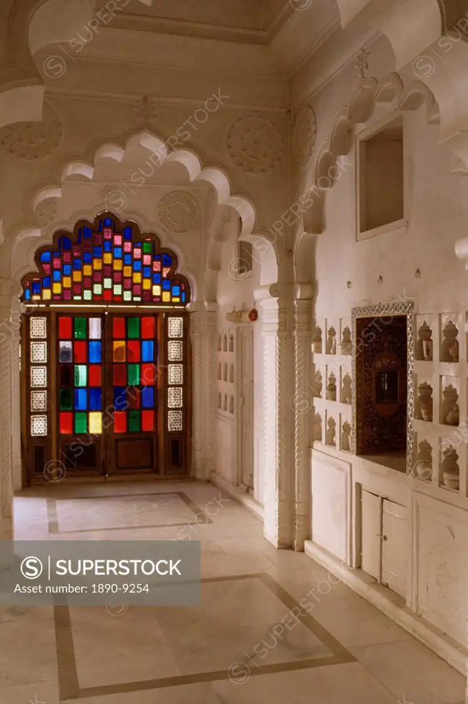 Original old stained glass windows and traditional niches let into the walls, Mehrangarh Fort, Jodhpur, Rajasthan state, India, Asia
