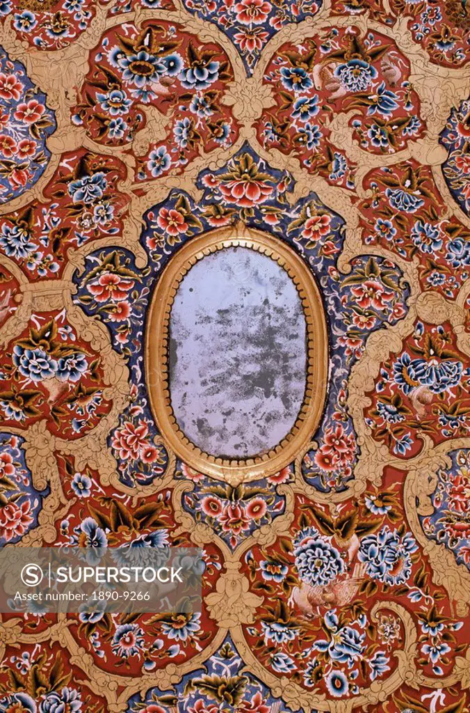 Detail of painted and gilded ceiling in the public reception area, Kuchaman Fort, Rajasthan state, India, Asia