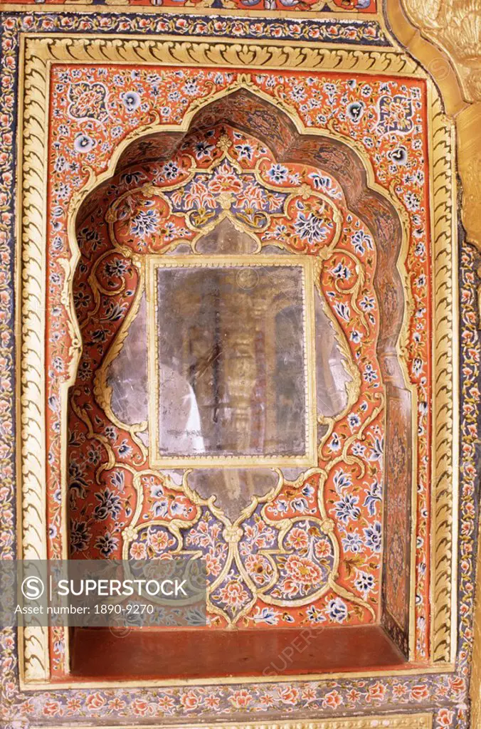 Detail of a painted, gilded and mirrored niche in the Sheesh Mahal mirrored hall hall of mirrors, Kuchaman Fort, Rajasthan state, India, Asia