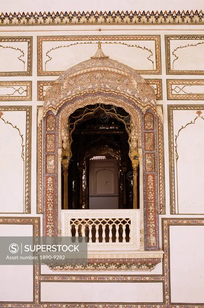 The intricately painted jharoka balcony is a traditional architectural feature in Rajput forts, Kuchaman Fort, Kuchaman, Rajasthan state, India, Asia