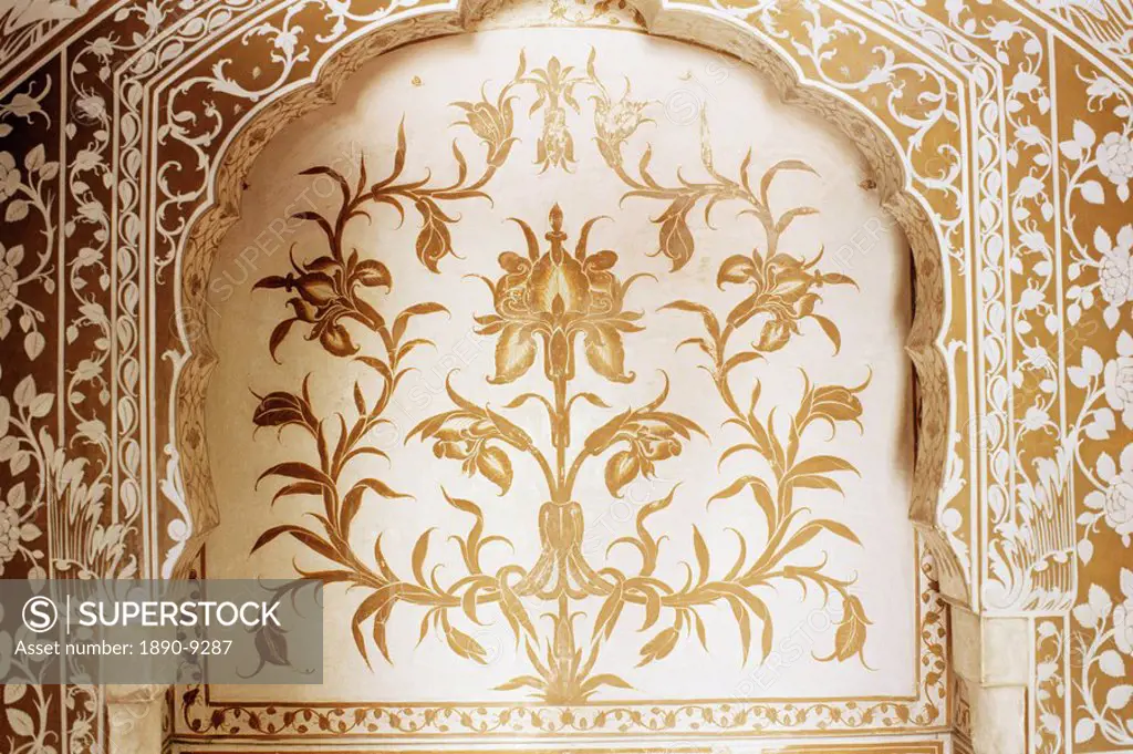 Depiction of an iris painted on wall in dining area, Samode Haveli, Gangapol District, Jaipur, Rajasthan state, India, Asia