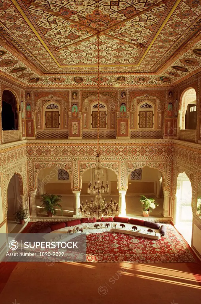The grand painted Durbar Hall, one of the finest examples of its type in Rajasthan, Samode Palace, Samode, Rajasthan state, India, Asia