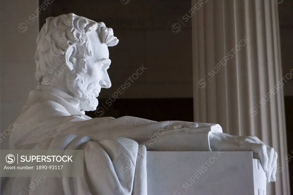 Close_up of marble statue of Abraham Lincoln, Lincoln Memorial, Washington D.C., United States of America, North America