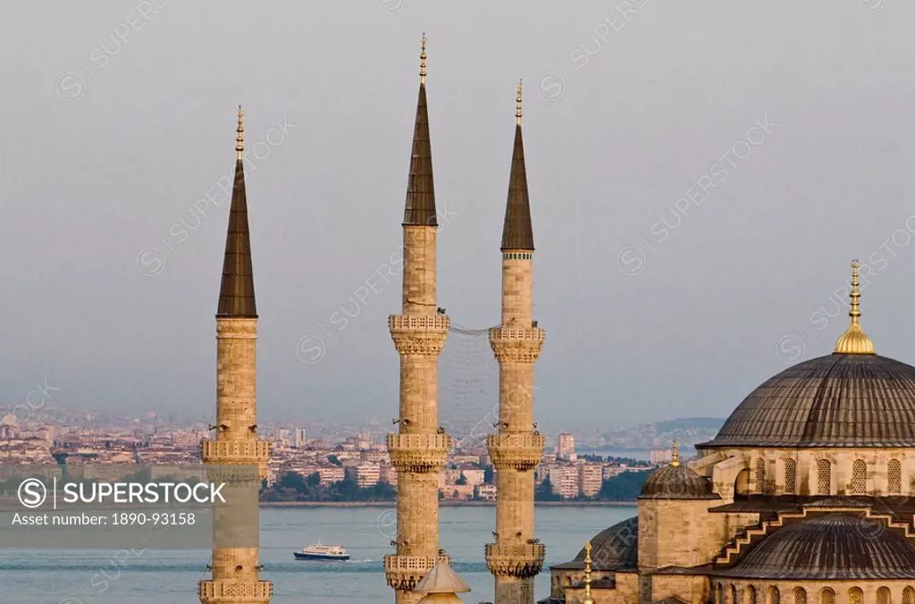 Minarets and dome of Blue Mosque with Bosphorus in background, Istanbul, Turkey, Europe