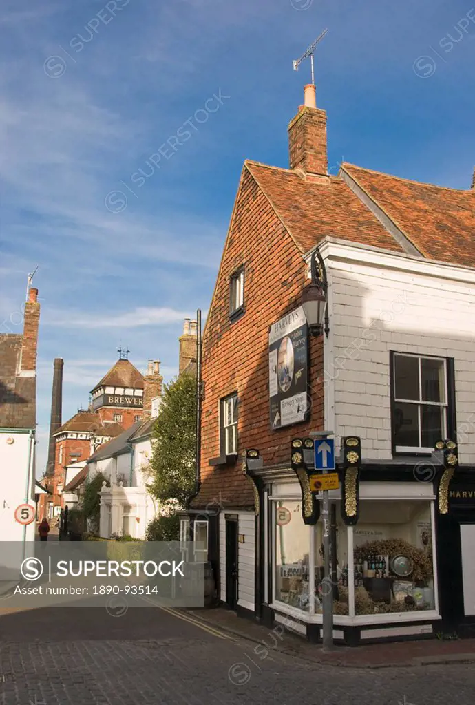 Harvey´s Brewery shop on Cliffe High Street, with the Brewery behind, Lewes, East Sussex, England, United Kingdom, Europe