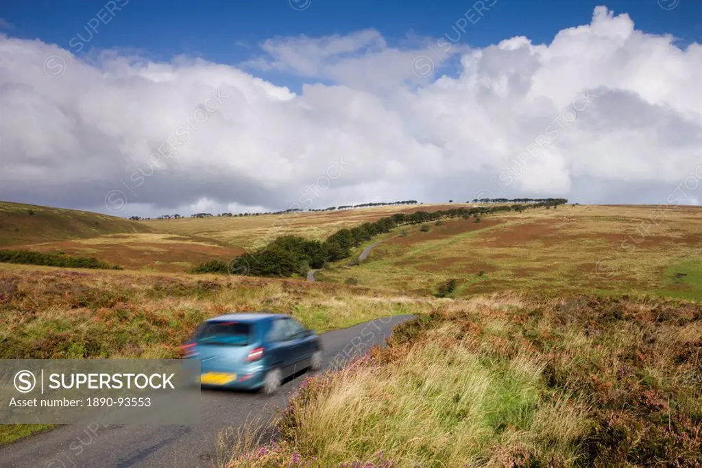 Tourists driving through the moorland of Exmoor National Park, Somerset, England, United Kingdom, Europe