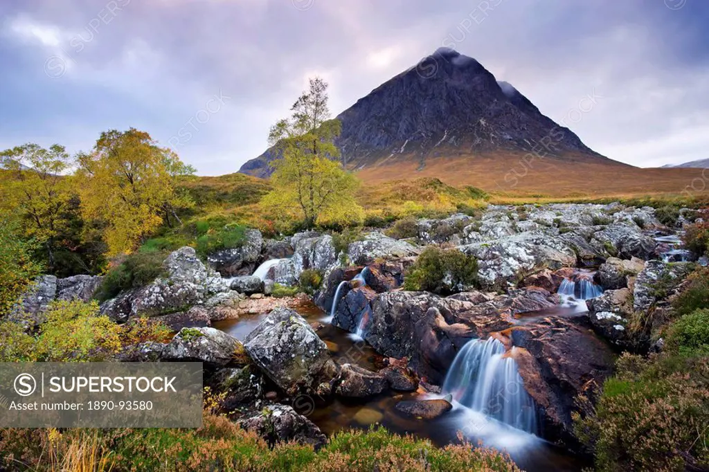 River Coupall and Buachaille Etive Mor in the autumn, Glen Etive, Highlands, Scotland, United Kingdom, Europe