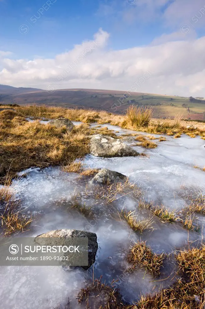 Ice on frozen moorland at Belstone Common, Dartmoor National Park, Devon, England, United Kingdom, Europe