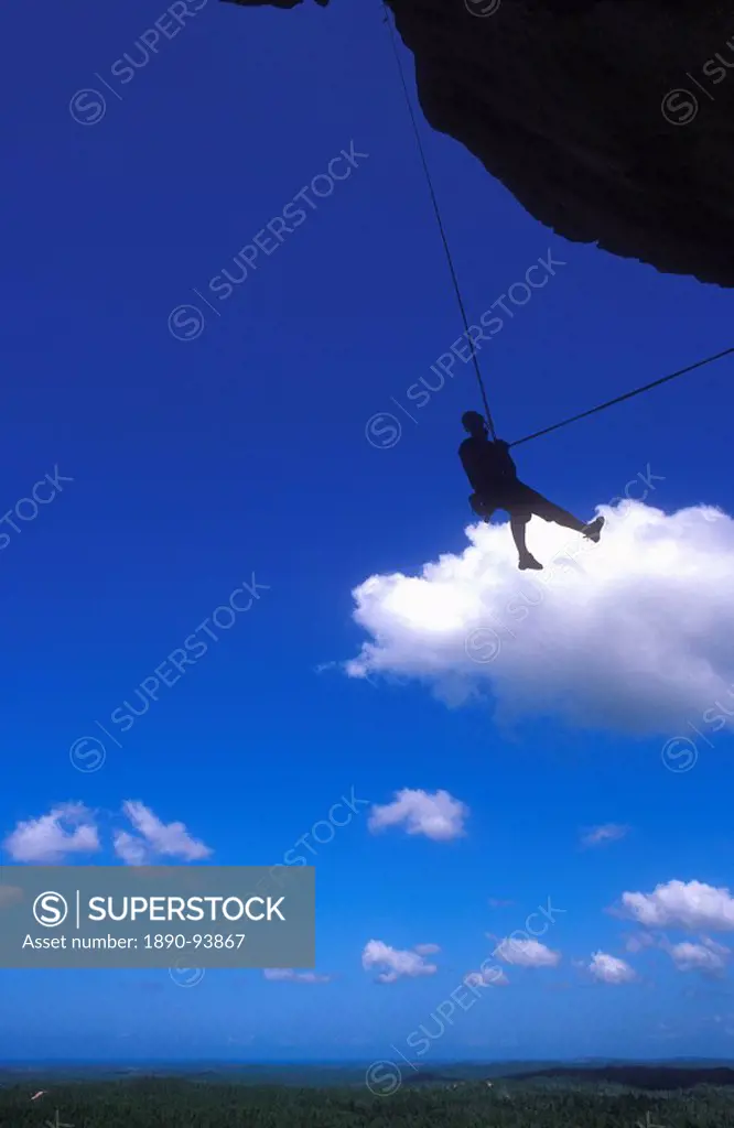 Abseiling above the jungle from the overhanging cliffs of La Costanera, Vinales, Pinar Del Rio Province, Cuba, West Indies, Central America