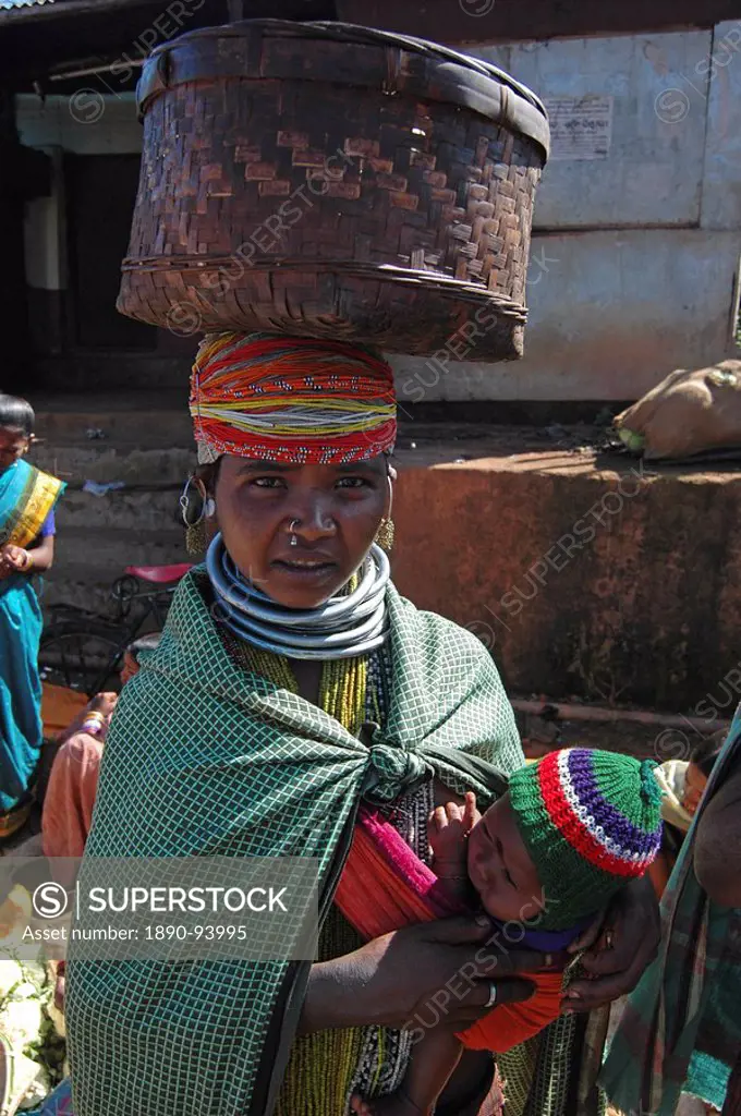 Bonda tribeswoman and her baby, Onukudelli, Orissa, India, Asia