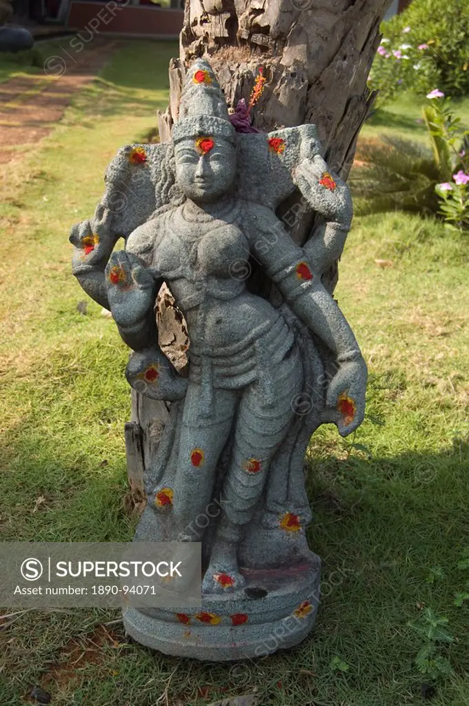 Hindu goddess decorated with red and yellow puja marks, Pondicherry, Tamil Nadu, India, Asia