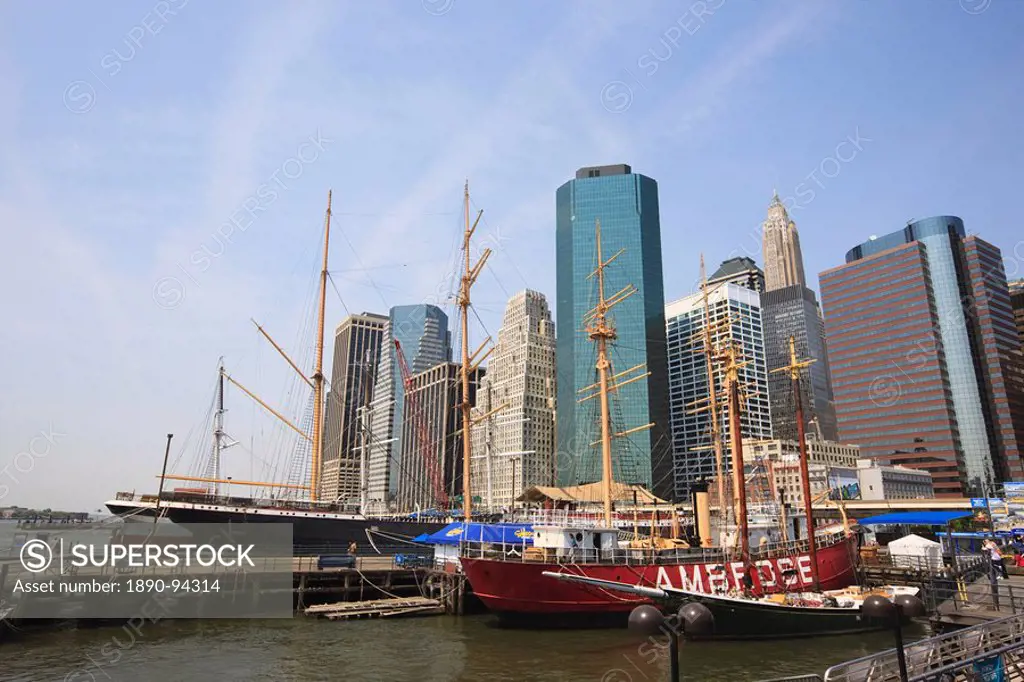 South Street Seaport and Lower Manhattan buildings, New York City, New York, United States of America, North America