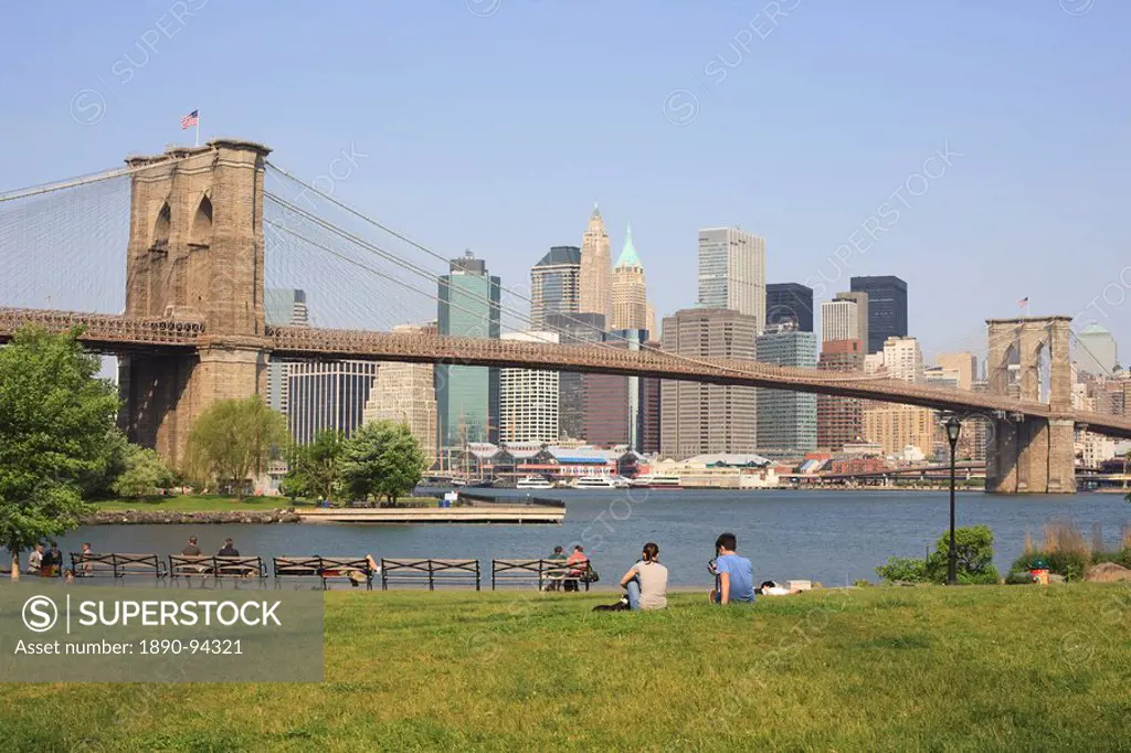 Manhattan and the Brooklyn Bridge from Empire_Fulton Ferry State Park, New York, United States of America, North America