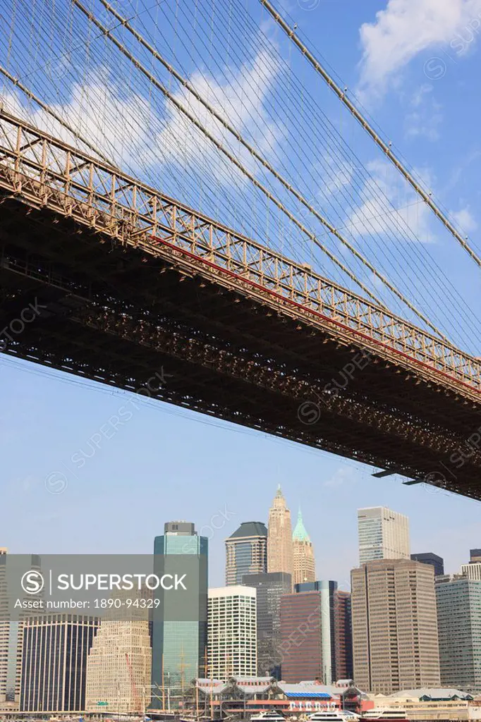 Brooklyn Bridge, and Lower Manhattan skyline, New York City, New York, United States of America, North America
