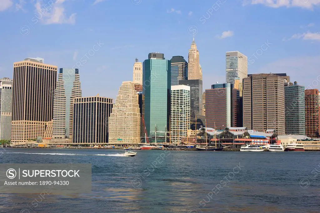 Lower Manhattan skyline and South Street Seaport across the East River, New York City, New York, United States of America, North America