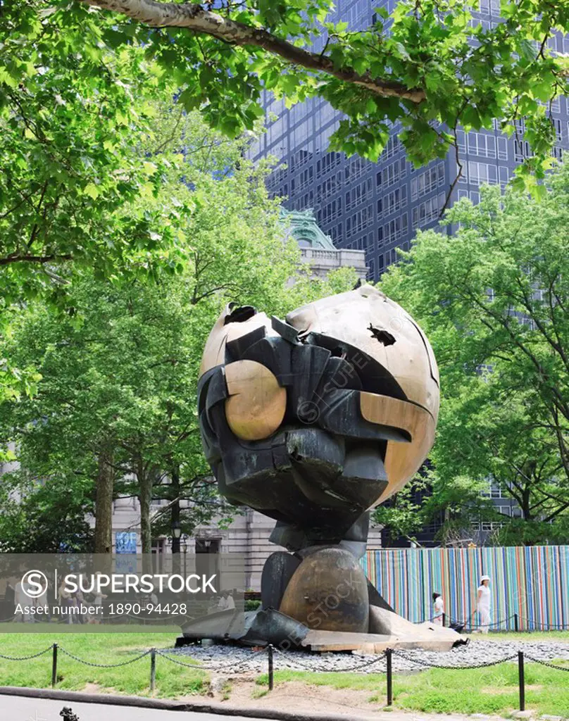 The Sphere, originally stood at the World Trade Center it was damaged during the 9 11attack and subsequently moved to Battery Park where it now stands...