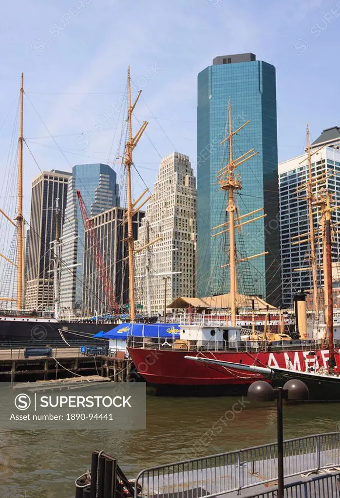 South Street Seaport and Lower Manhattan buildings, New York City, New York, United States of America, North America