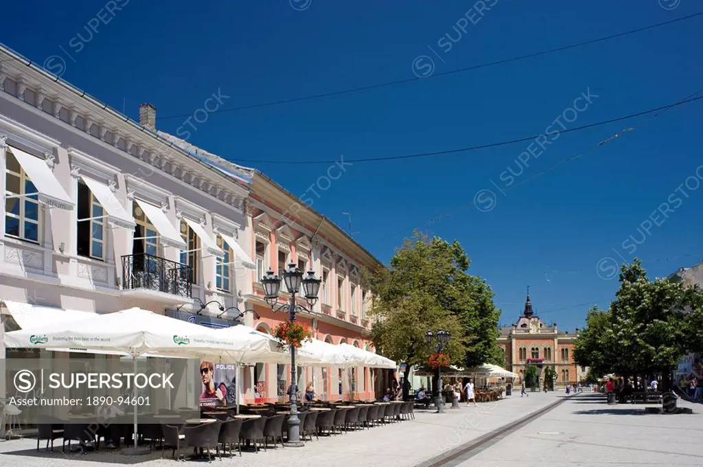 Restored buildings and outdoor cafes in the old town section of Novi Sad, Serbia, Europe