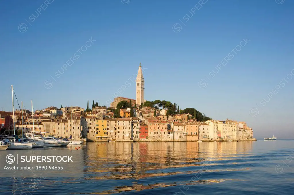 The Cathedral of St. Euphemia and the old Venetian style buildings of Rovinj at sunrise, Istria, Croatia, Adriatic, Europe,