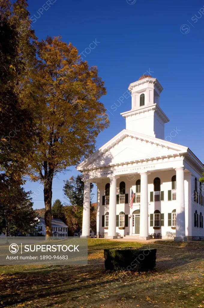 Autumn foliage surrounding the Windham County Courthouse, a Greek revival style building on the village green in Newfane, Vermont, New England, United...