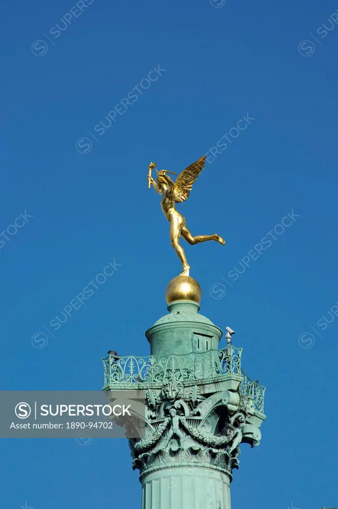 The Genius of Liberty statue on top of the Colon de Juillet in the Place de la Bastille, Paris, France, Europe
