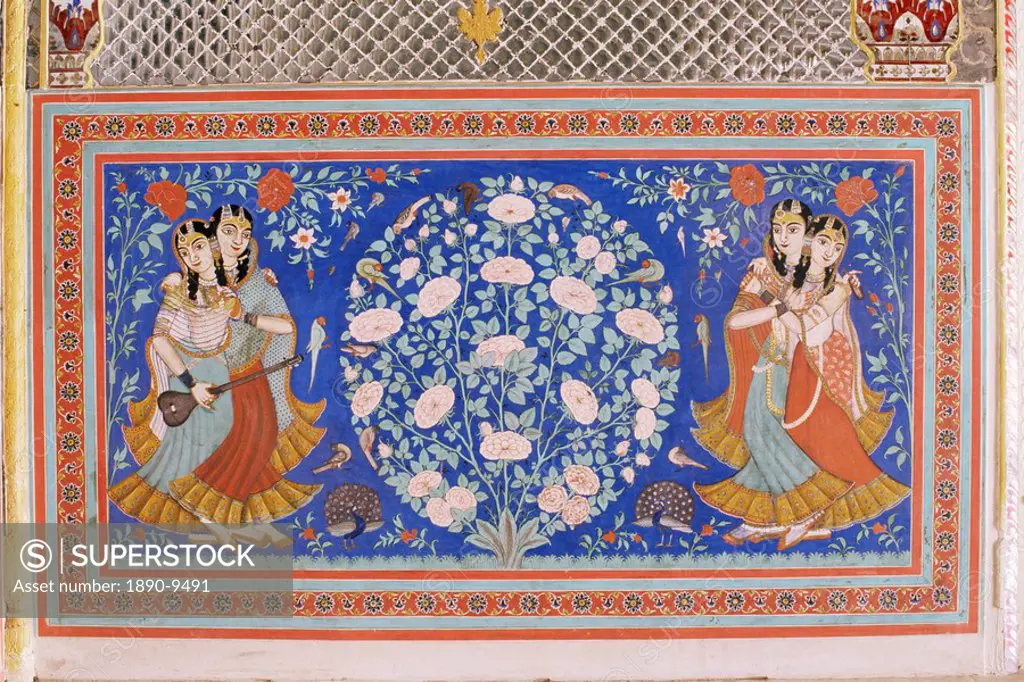 Detail of exquisite wall painting in the Sheesh Mahal hall, Samode Palace, Samode, Rajasthan state, India, Asia