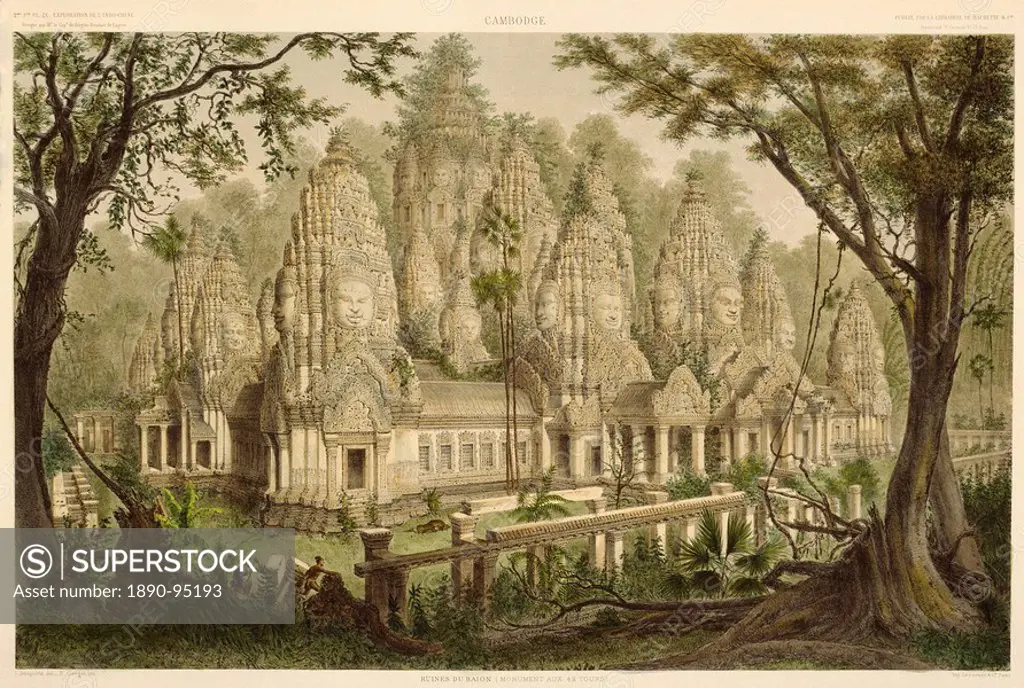 Engraving of the Bayon from Exploration de L´indo_Chine by Delaporte, Cambodia, Indochina, Southeast Asia, Asia