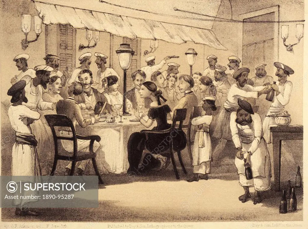 British colonials having dinner, illustration from the satirical book Curry and Rice on forty Plates by G. F. Atkinson from 1859, India, Asia
