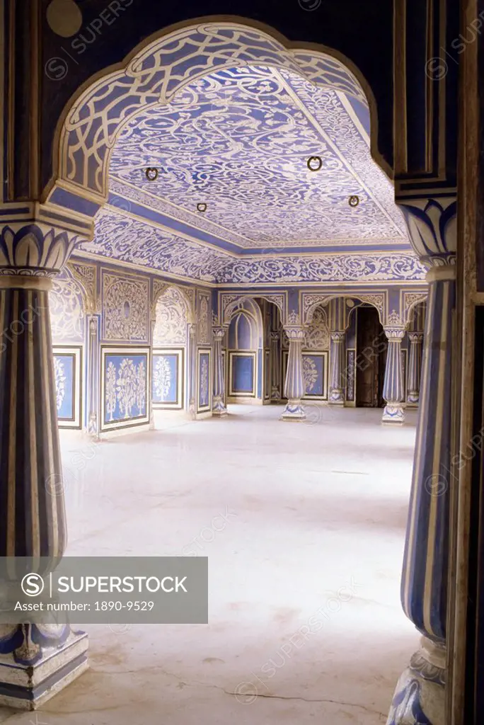 Stylized foral motif, chalk blue and white painted Mahal hall, the City Palace, Jaipur, Rajasthan state, India, Asia
