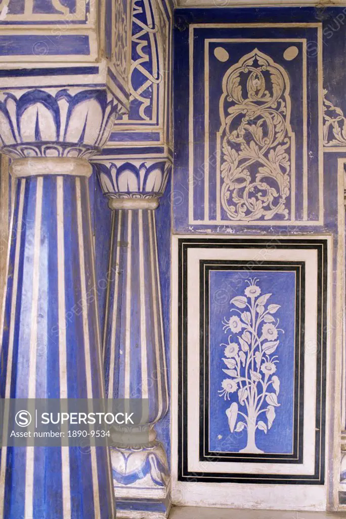 Abstract or stylized floral motif, chalk blue and white painted Mahal hall, The City Palace, Jaipur, Rajasthan state, India, Asia