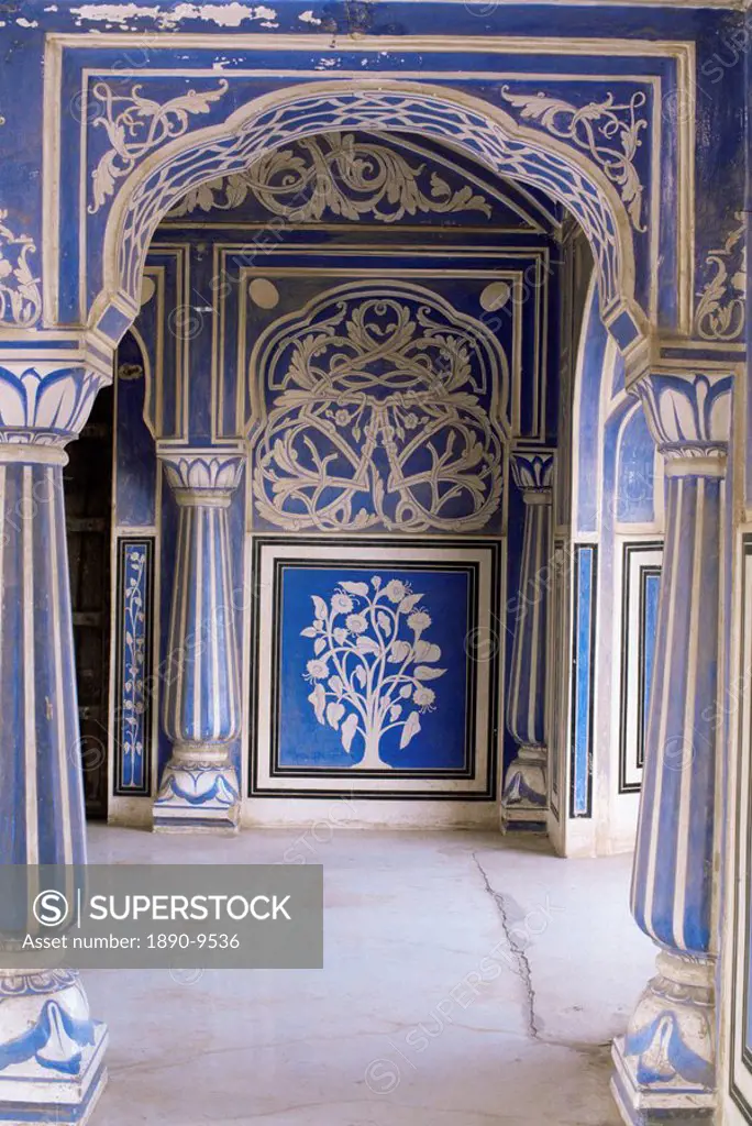 Stylized foral motif, chalk blue and white painted Mahal hall, the City Palace, Jaipur, Rajasthan state, India, Asia