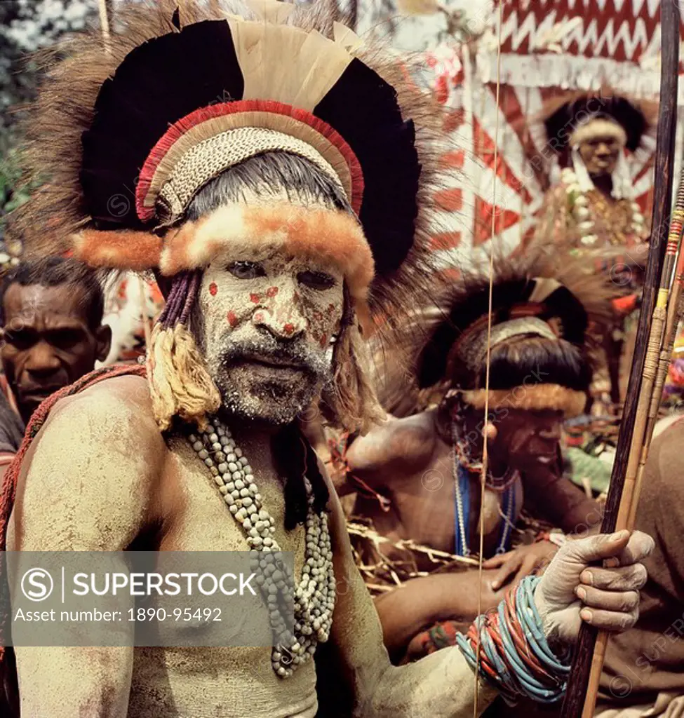 Asaro tribesmen photographed in 1974 in full costume for a rital display of wealth, Goroka, Papua New Guinea, Pacific