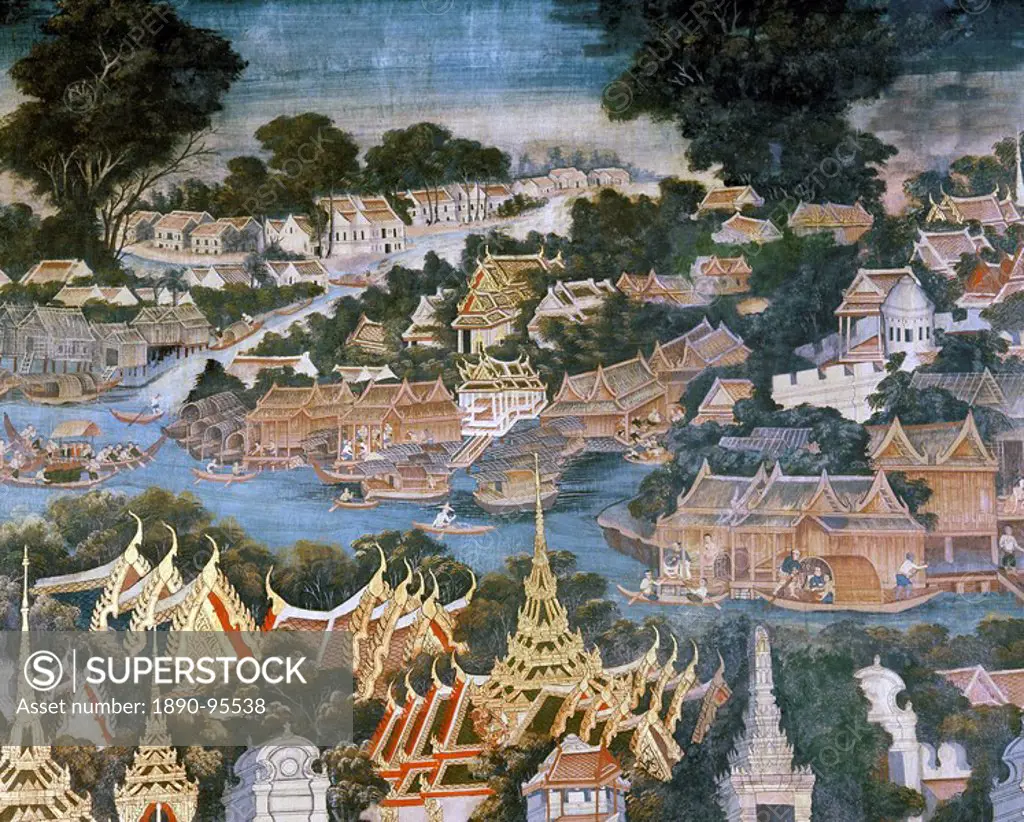 Detail of mural dating from 1864 showing Bangkok with the Chaophraya River and the Grand Palace roofs in the foreground, Wat Rajapradit, Bangkok, Thai...