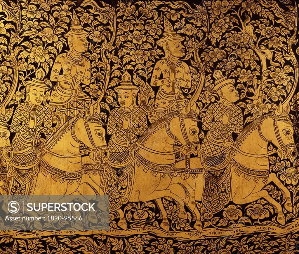 Detail of a lacquered cabinet with a scene of horsemen from the late Ayutthaya period, Thailand, Southeast Asia, Asia
