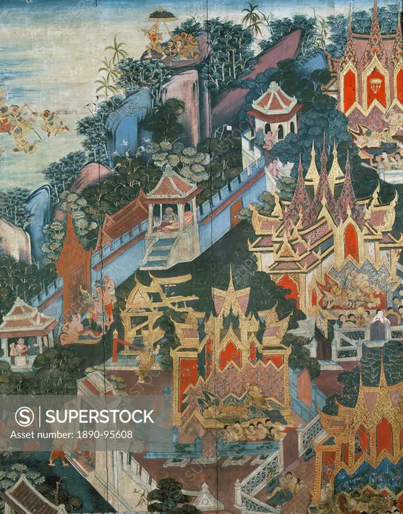 A scene from the Ramakien on a wooden screen in the Buddhaisawan Chapel, Bangkok, Thailand, Southeast Asia, Asia
