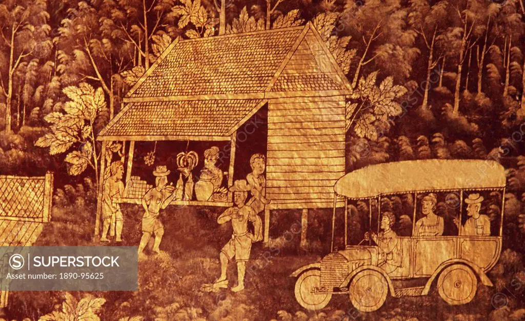 Turn of the century western travelers stop at a local food stall in this lacquered mural in Lampang, Thailand, Southeast Asia, Asia
