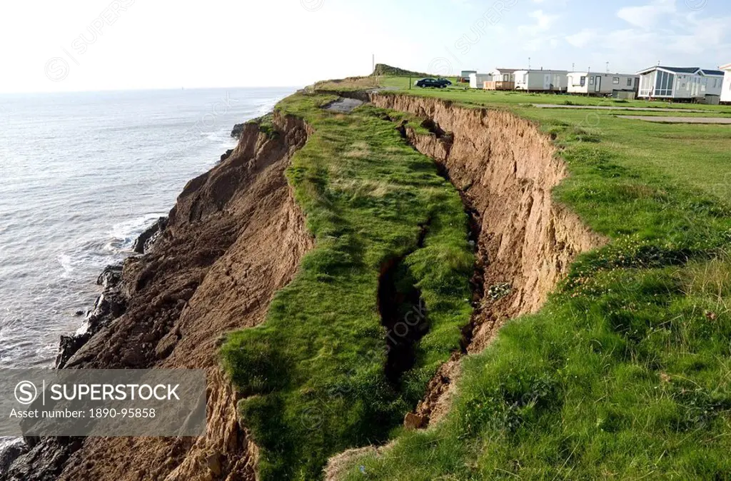 Coastal erosion with active landslips in glacial till, Aldbrough, Holderness coast, Humberside, England, United Kingdom, Europe