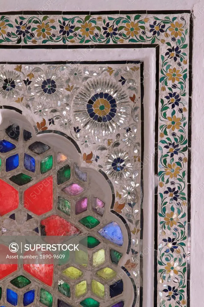 Coloured glass Jali, Deo Garh Palace Hotel, Deo Garh Deogarh, Rajasthan state, India, Asia