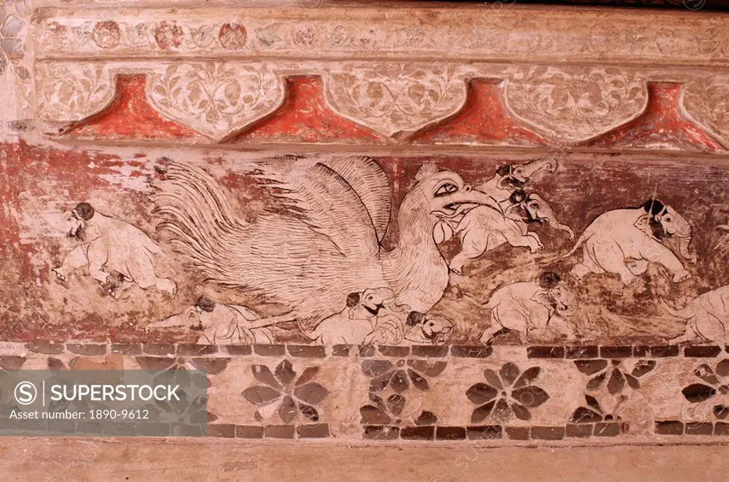 Original wall painting, one of the various decorate details to be found throughout the palace, Deo Garh Palace Hotel, Deo Garh Deogarh, Rajasthan stat...