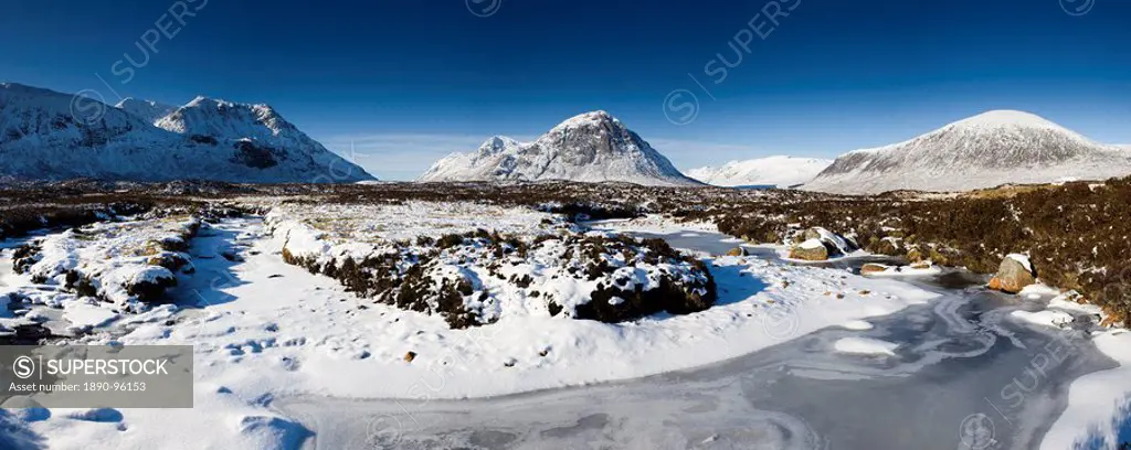 View across snow_covered Rannoch Moor to Buachaille Etive Mor, Highland, Scotland, United Kingdom, Europe