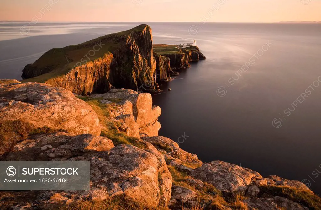 Neist Point and Lighthouse bathed in evening light, Isle of Skye, Highland, Scotland, United Kingdom, Europe