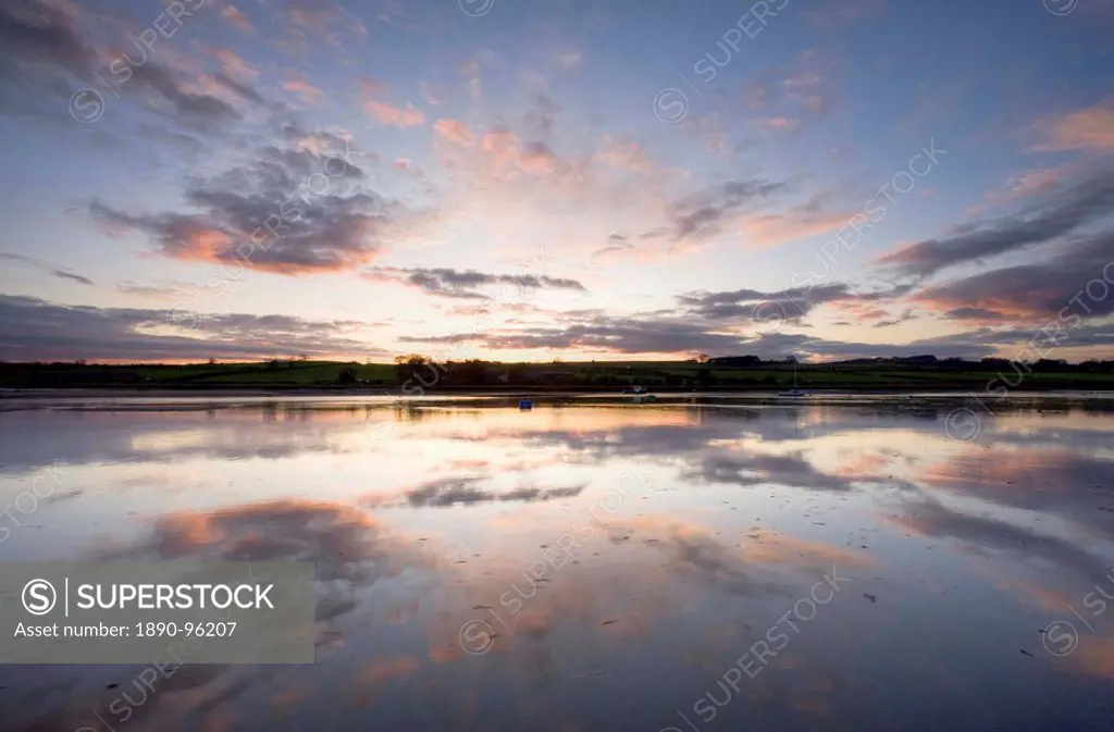 View across the Aln Estuary at sunset, Alnmouth, near Alnwick, Northumberland, England, United Kingdom, Europe